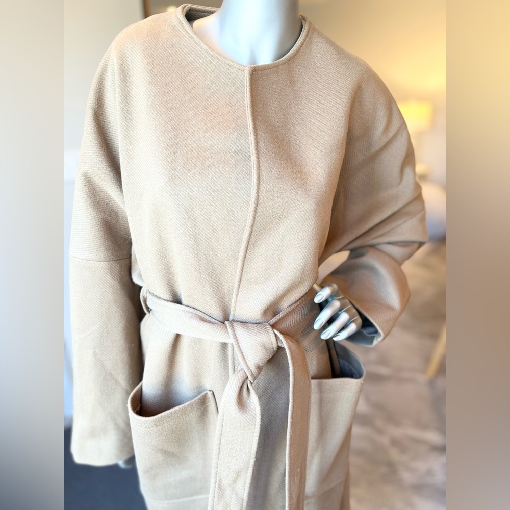 Midi Camel /Caramel Color Open With Tie Waist Round Neck Drop Shoulder Wrap Coat - Picture 3 of 15